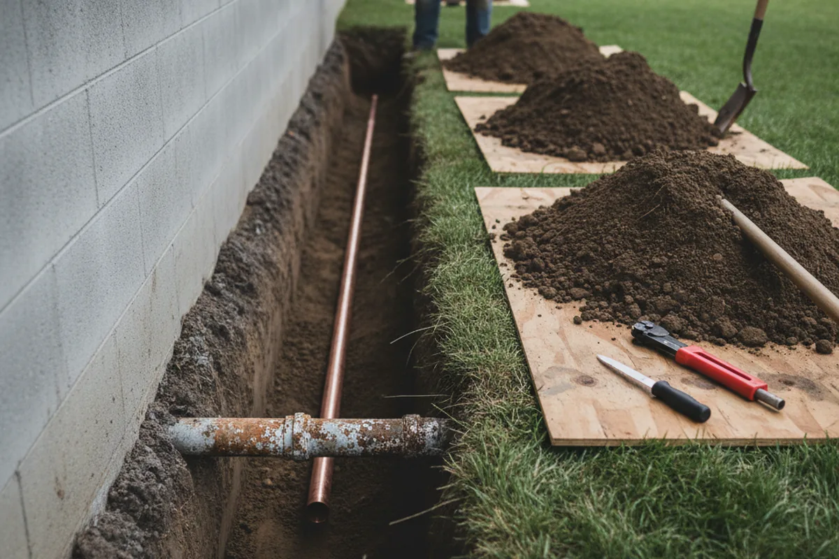 Excavated water line trench during Water Softener Installation in Mashantucket